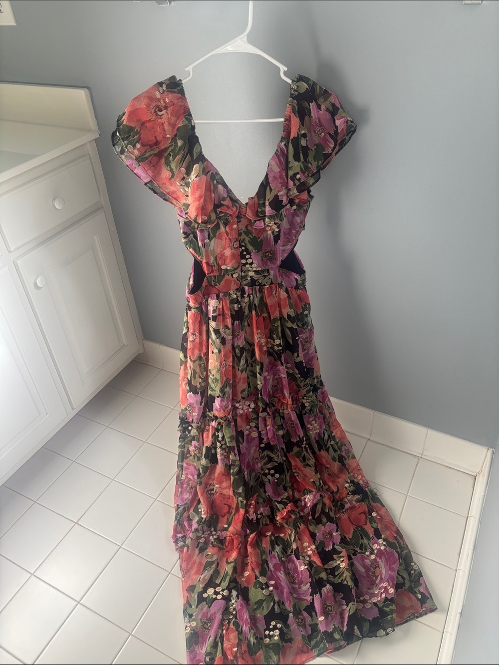 Aqua Floral Maxi Dress - Black with Pink & Coral Flowers - Picture 3 of 5